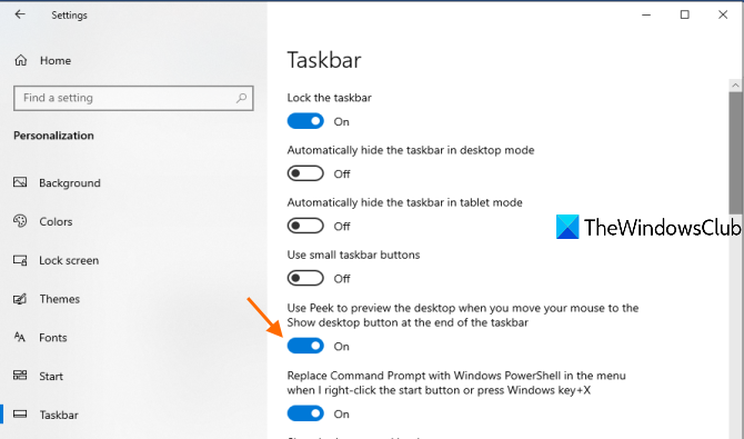 turn on peek to preview desktop option under taskbar settings