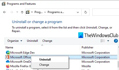 uninstall microsoft office using control panel