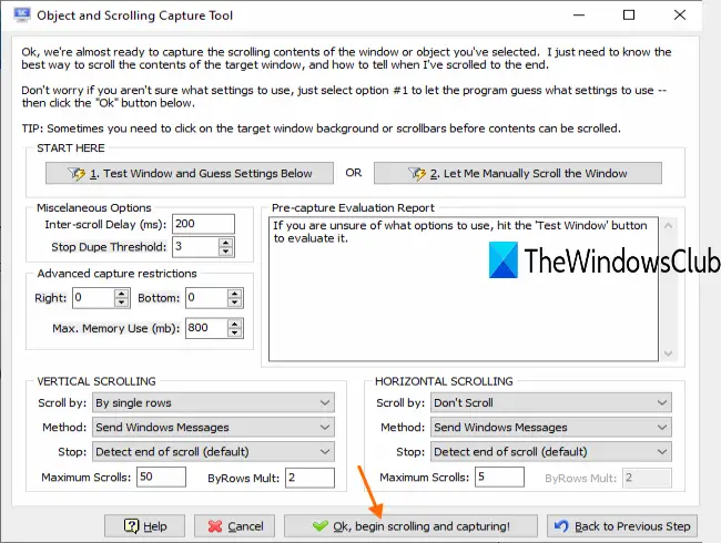 use scrolling options and begin scrolling and capturing