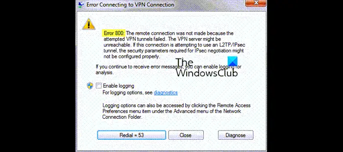 The remote connection was not made because the attempted VPN tunnels failed