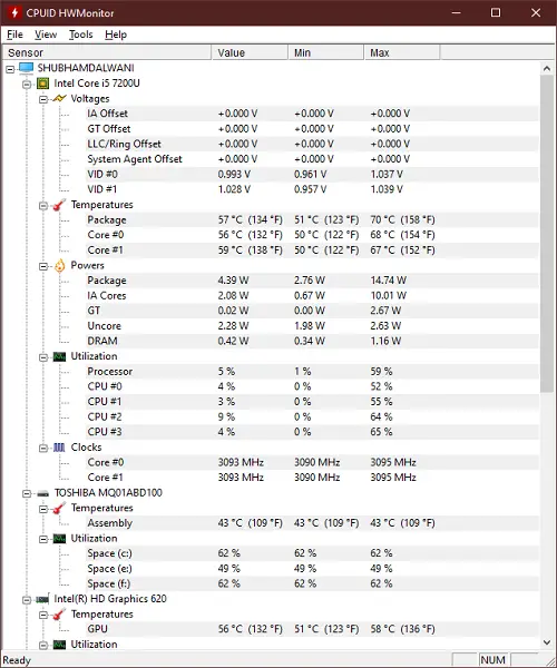 HWMonitor helps you monitor hardware changes on Windows 10