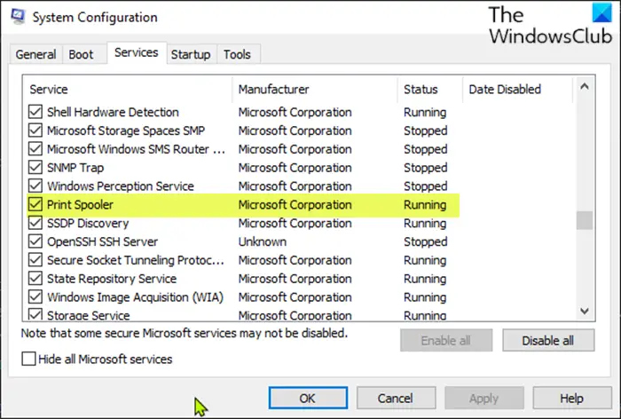 Enable or disable the Print Spooler Service-System Configuration