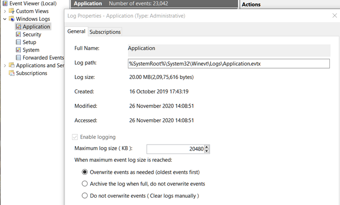 Enable log overwriting in Event Viewer