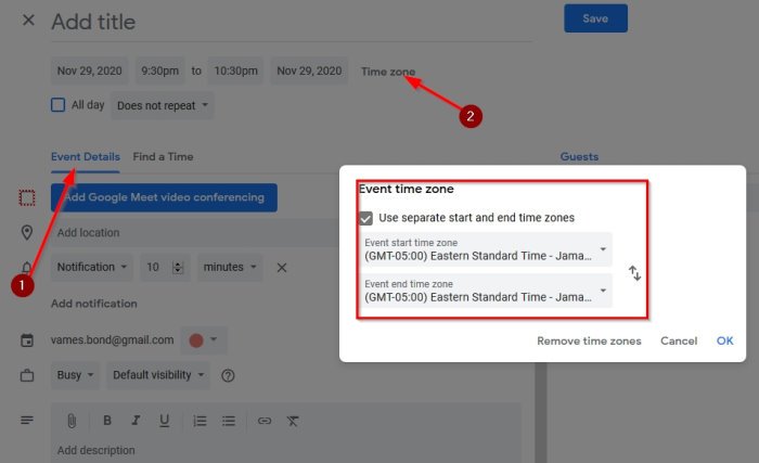 How to add and use different Time Zones in Google Calendar