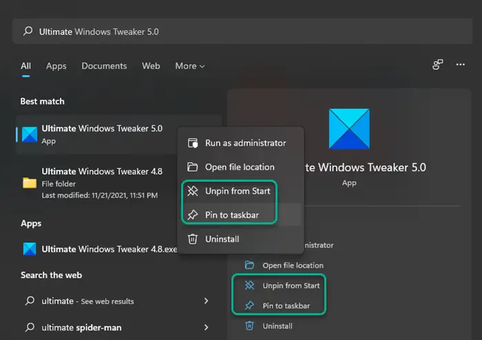 Pin or unpin program icons on the Start menu and Taskbar