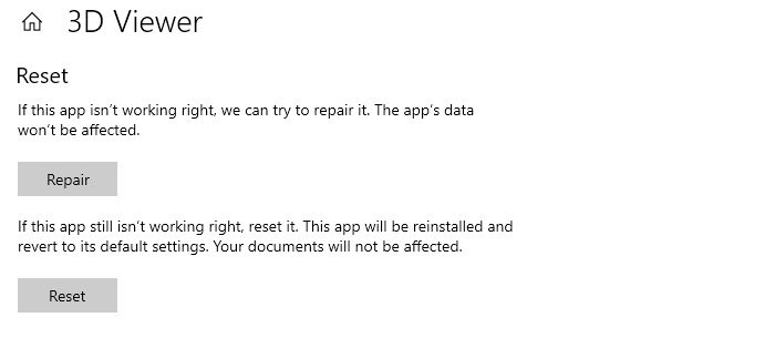 Reset Repair Apps Windows 10 UWP