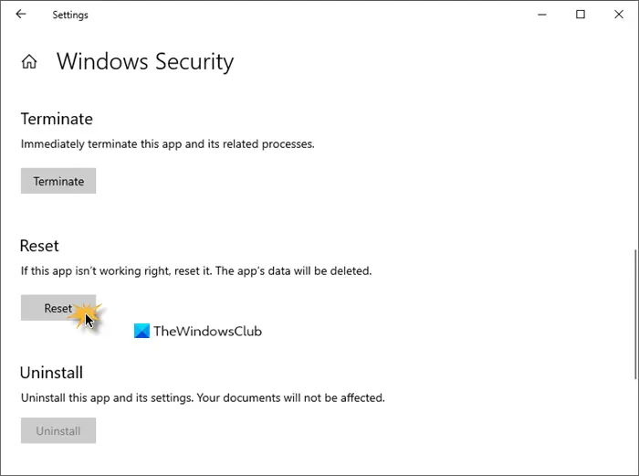 Reset Windows Security App