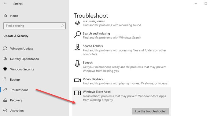 Run Windows Store Apps Troubleshooter - Windows 10