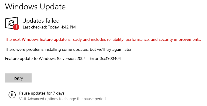 Windows Upgrade Error 0XC1900404 & 0XC1900405