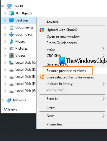 access restore previous versions option