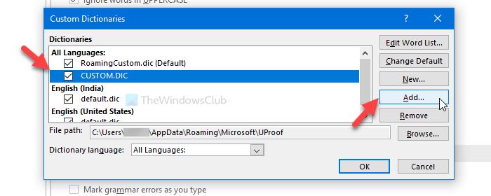 find custom dictionary in word