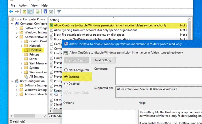 Allow OneDrive to disable Windows permission inheritance in Read-only folders