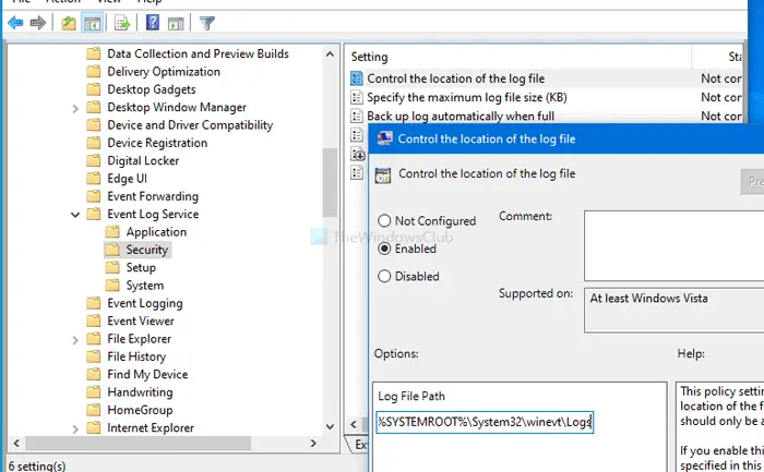 How to change the default Event Log file location in Windows 10