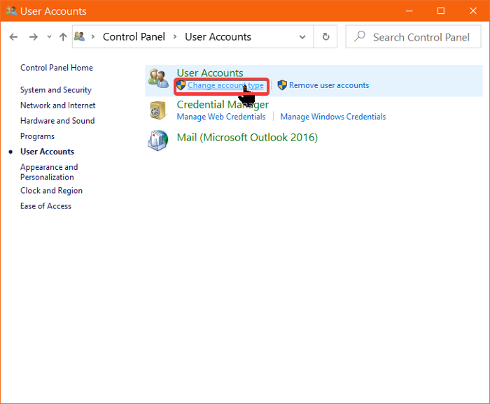 change user account type control panel