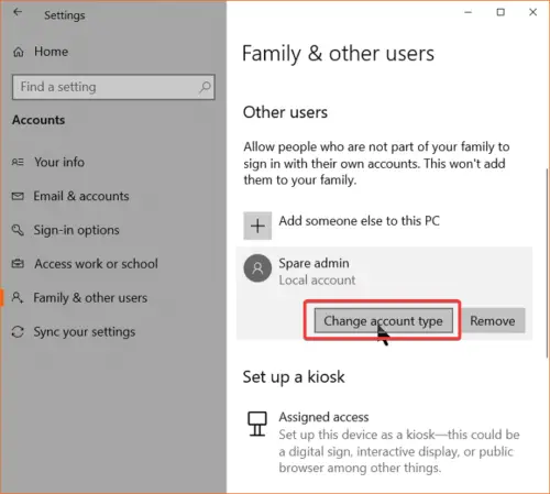 Change user account type - Windows 10