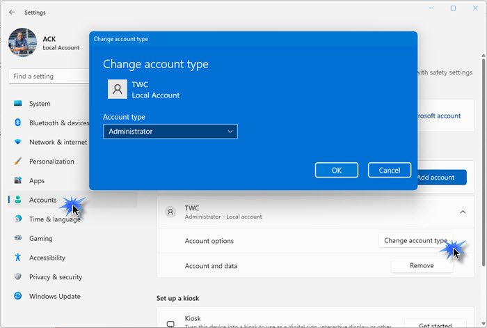 change user account type windows 11