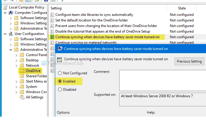 How to continue syncing OneDrive file when battery saver mode turned on