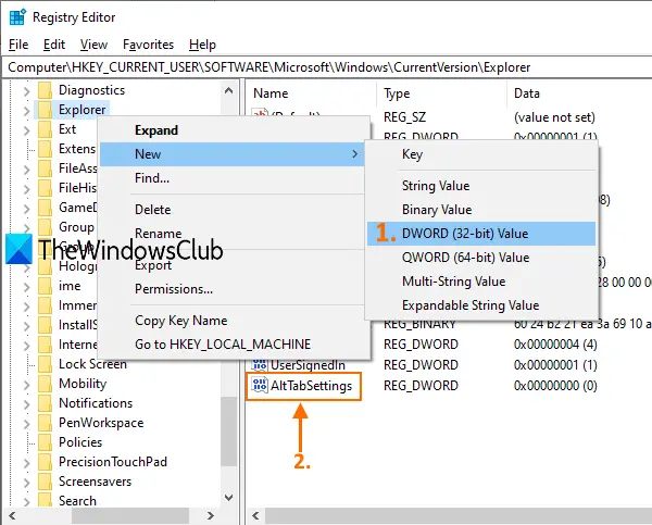 create AltTabSettings dword value