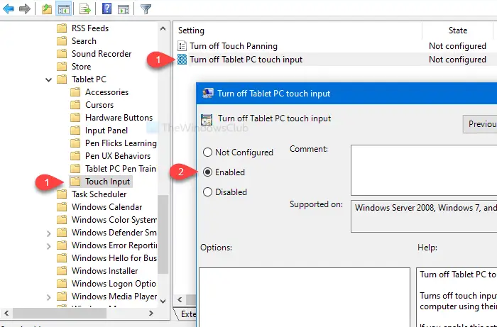 How to enable or disable Tablet PC touch input in Windows 10