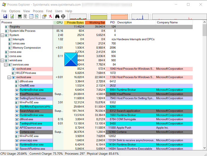 SysInternals Process Explorer tool for Windows 10
