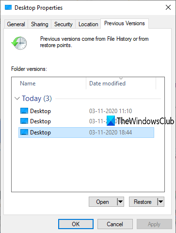 restore previous versions of files and folders in windows 10 pc