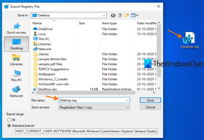 save registry key as desktop.reg file