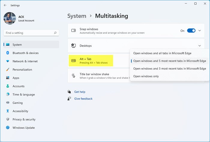 Change Alt+Tab settings in Windows 11