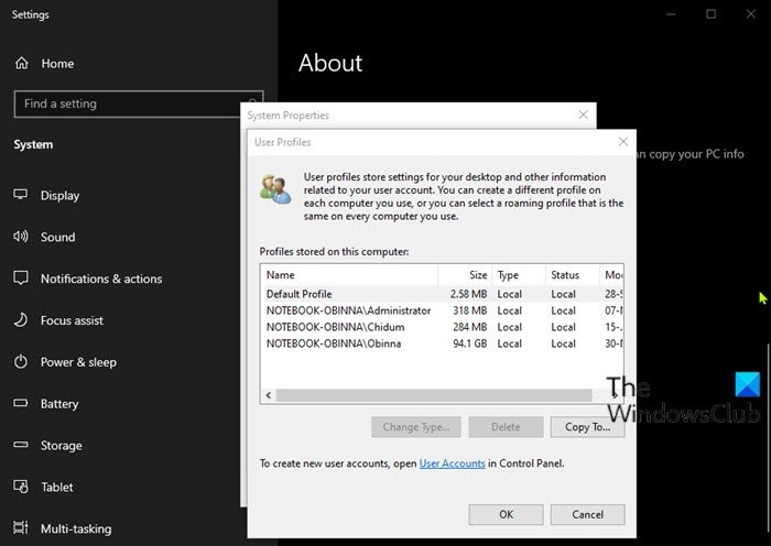 Delete UpdateUser account profile Advanced System Settings