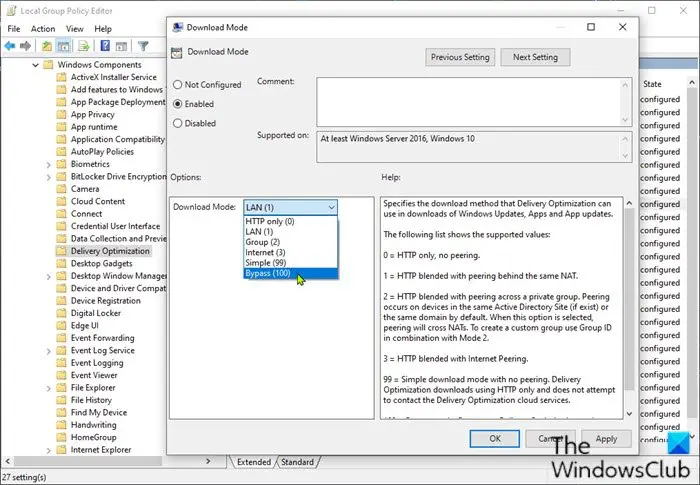 Disable Delivery Optimization via Local Group Policy Editor
