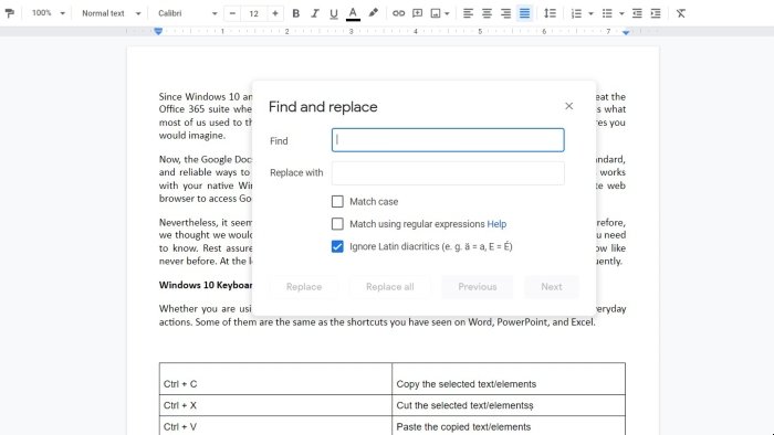 Windows 10 Keyboard Shortcuts for Common Actions in Google Docs