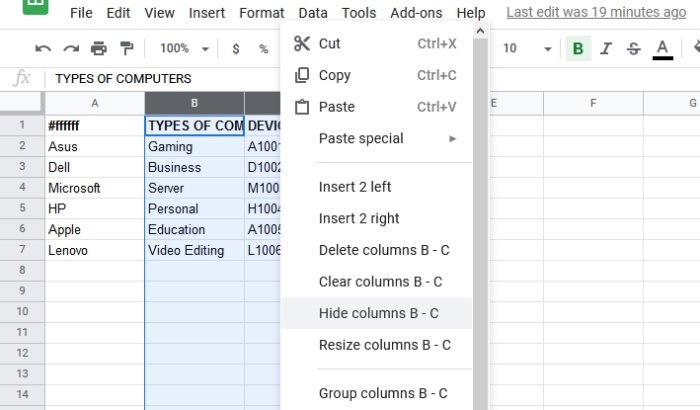 How to hide Rows and Columns in Google Sheets