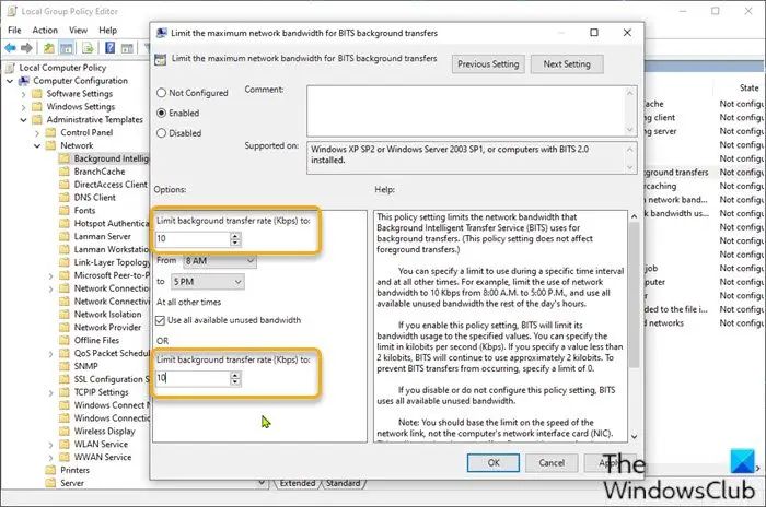 Limit the maximum network bandwidth for BITS background transfers