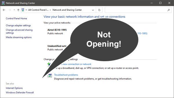 Network and Sharing Center not opening