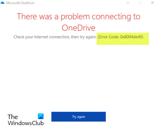 OneDrive error 0x8004de40
