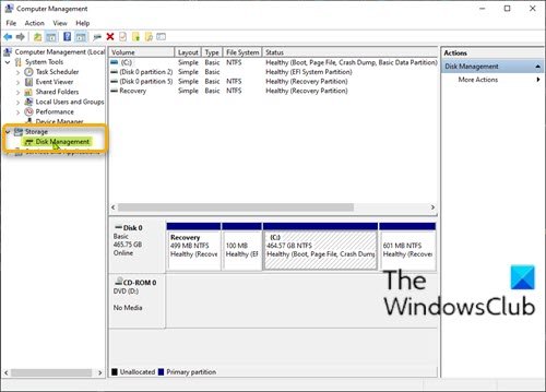 Open Disk Management via Computer Management console