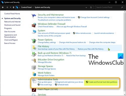 Open Disk Management via Control Panel