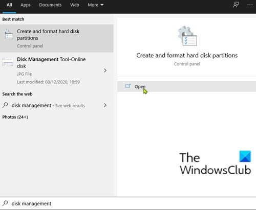 How to open Disk Management in Windows 10