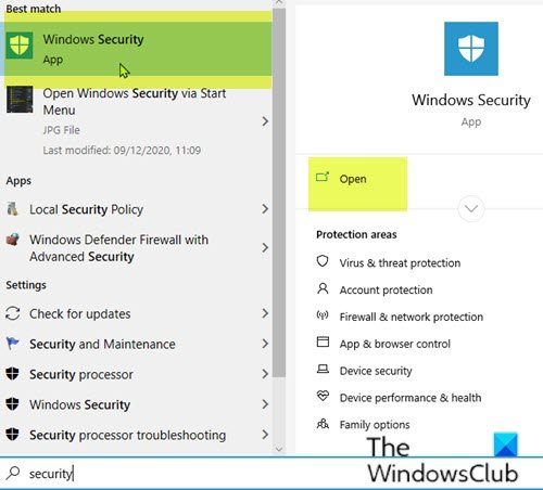 Open Windows Security via Search