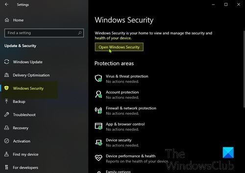 Open Windows Security via Settings app