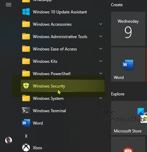 Open Windows Security via Start Menu