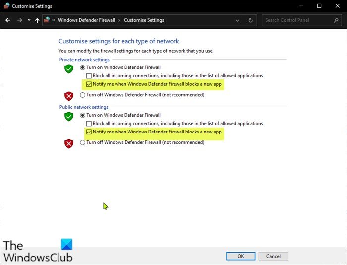 Turn On or Off Windows Defender Firewall Notifications via Control Panel