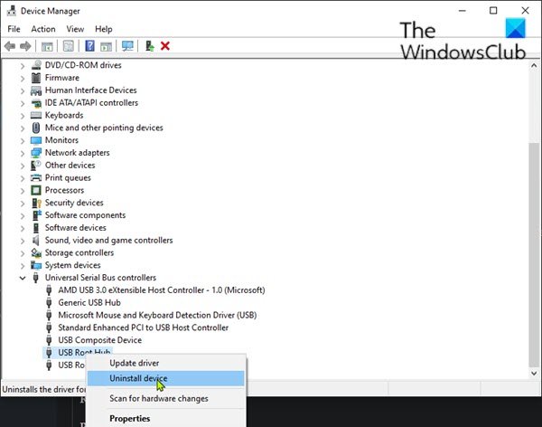 Uninstall USB Root Hub-Device Manager