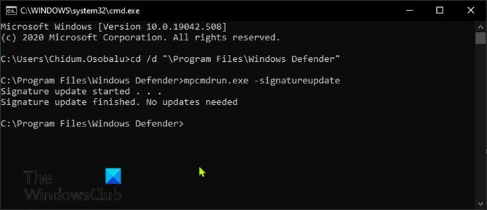 Update Windows Defender via Command Prompt