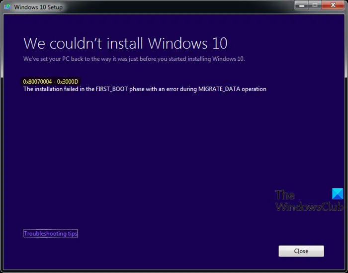 Windows 10 upgrade install error 0x80070004 - 0x3000D