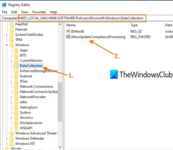 access datacollection key and create allowupdatecomplianceprocessing dword value