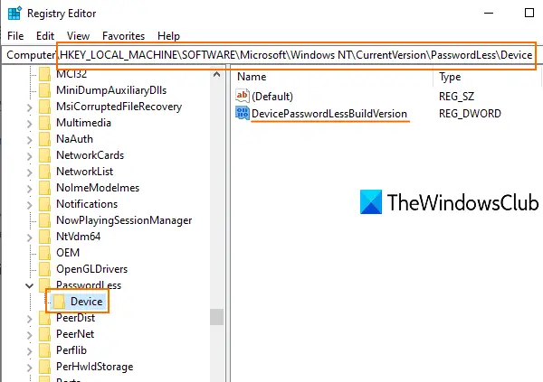 access device key and devicepasswordlessbuildversion dword value