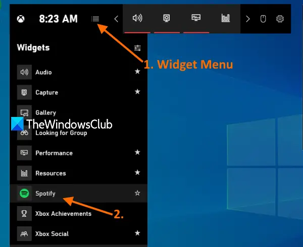 access game bar widget menu and click on spotify widget