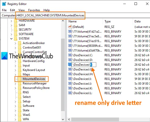 access mounteddevices registry key and rename only drive letter for a drive