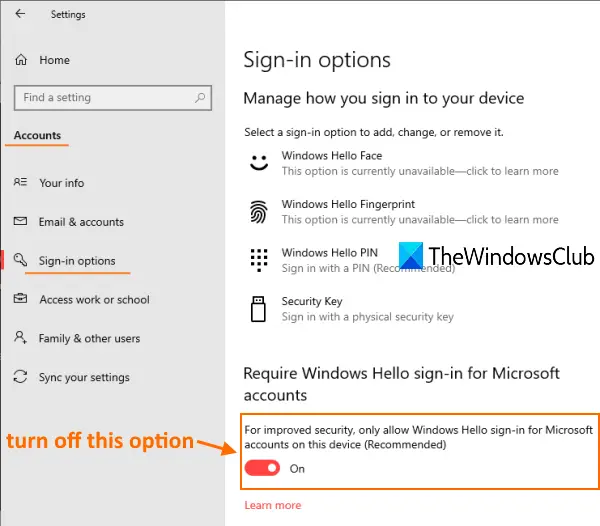 access sign in options page and turn off only allow windows hello sign in option