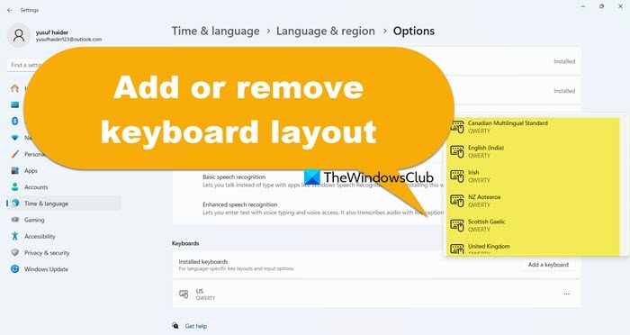 add or remove Keyboard layout 